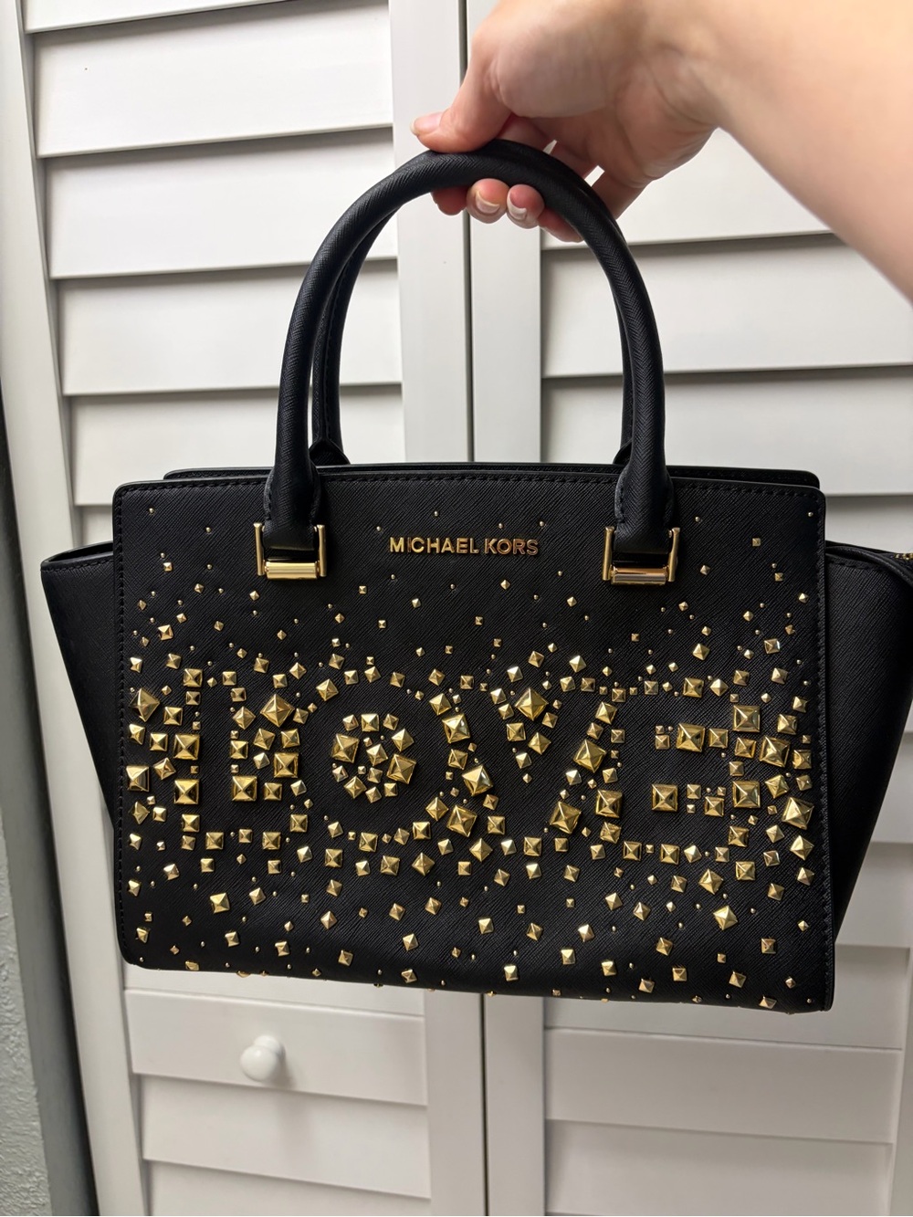 MICHAEL KORS Black Leather Crossbody Satchel with Gold Stud 'LOVE' Detail